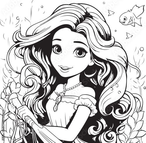 happy mermaid cute outline coloring page illustration