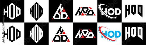 HOD letter logo design in six style. HOD polygon, circle, triangle, hexagon, flat and simple style with black and white color variation letter logo set in one artboard. HOD minimalist and classic logo