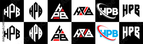 HPB letter logo design in six style. HPB polygon, circle, triangle, hexagon, flat and simple style with black and white color variation letter logo set in one artboard. HPB minimalist and classic logo