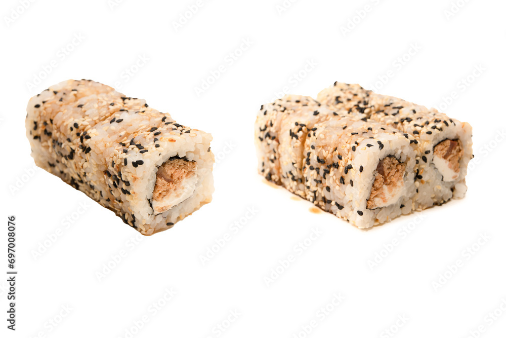 Sushi with cream cheese and tuna isolated on white background. Sushi with cream cheese and tuna isolated on white background.