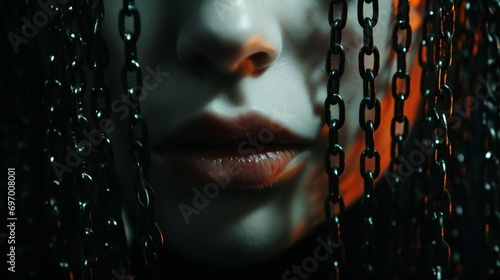 A close-up of a woman's face with delicate chains, symbolizing the constraints imposed by anxiety and depressive tendencies