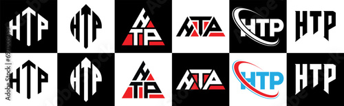 HTP letter logo design in six style. HTP polygon, circle, triangle, hexagon, flat and simple style with black and white color variation letter logo set in one artboard. HTP minimalist and classic logo
