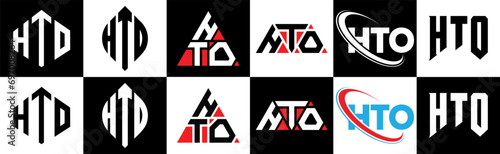 HTO letter logo design in six style. HTO polygon, circle, triangle, hexagon, flat and simple style with black and white color variation letter logo set in one artboard. HTO minimalist and classic logo photo