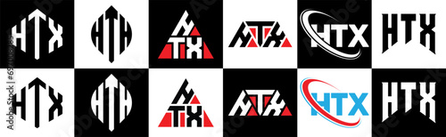 HTX letter logo design in six style. HTX polygon, circle, triangle, hexagon, flat and simple style with black and white color variation letter logo set in one artboard. HTX minimalist and classic logo photo