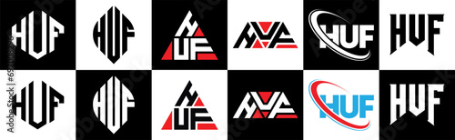 HUF letter logo design in six style. HUF polygon, circle, triangle, hexagon, flat and simple style with black and white color variation letter logo set in one artboard. HUF minimalist and classic logo