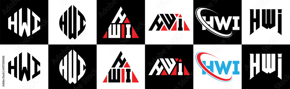 HWI letter logo design in six style. HWI polygon, circle, triangle, hexagon, flat and simple style with black and white color variation letter logo set in one artboard. HWI minimalist and classic logo HWI letter logo design in six style. HWI polygon, circle, triangle, hexagon, flat and simple style with black and white color variation letter logo set in one artboard. HWI minimalist and classic logo