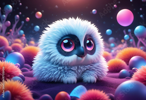 3D cute fantasy owl with big eyes, and a white fluffy feathers on a luminous neon bubbly background. 