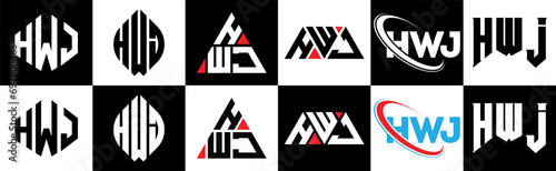 HWJ letter logo design in six style. HWJ polygon, circle, triangle, hexagon, flat and simple style with black and white color variation letter logo set in one artboard. HWJ minimalist and classic logo photo