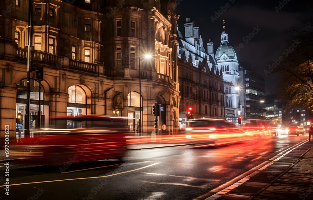 the city of london at night with traffic coming out of the street
