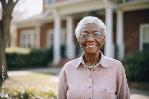 Smiling portrait of a senior woman outside nursing home