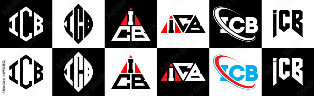 ICB letter logo design in six style. ICB polygon, circle, triangle, hexagon, flat and simple style with black and white color variation letter logo set in one artboard. ICB minimalist and classic logo ICB letter logo design in six style. ICB polygon, circle, triangle, hexagon, flat and simple style with black and white color variation letter logo set in one artboard. ICB minimalist and classic logo