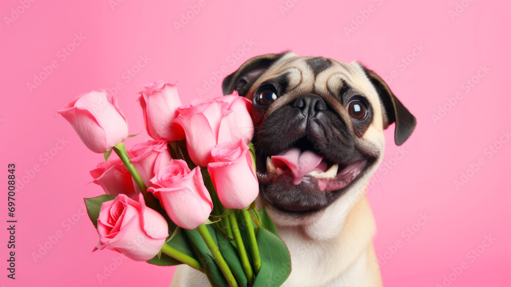 Cute pug dog with pink tulip bouquet on pink background
