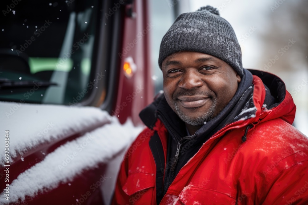 Portrait of a middle aged truck driver during winter