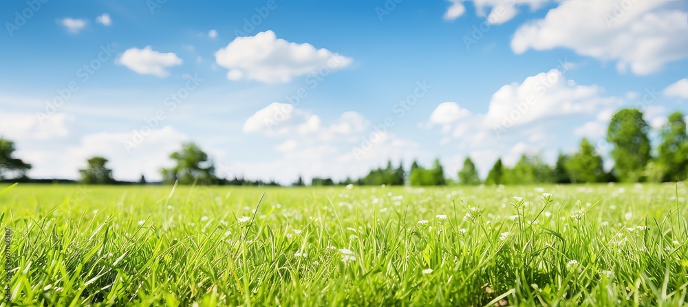 Spring Nature. Neatly Trimmed Lawn Surrounded by Trees against a Blue Sky with Clouds Spring Nature. Neatly Trimmed Lawn Surrounded by Trees against a Blue Sky with Clouds