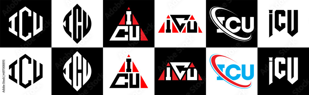 ICU letter logo design in six style. ICU polygon, circle, triangle, hexagon, flat and simple style with black and white color variation letter logo set in one artboard. ICU minimalist and classic logo ICU letter logo design in six style. ICU polygon, circle, triangle, hexagon, flat and simple style with black and white color variation letter logo set in one artboard. ICU minimalist and classic logo