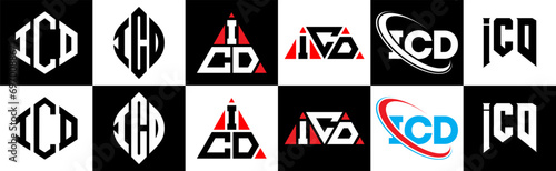 ICD letter logo design in six style. ICD polygon, circle, triangle, hexagon, flat and simple style with black and white color variation letter logo set in one artboard. ICD minimalist and classic logo photo
