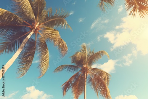 Vintage Tropical Beach. Palm Trees Under Blue Sky, Retro Style Summer Background Viewed From Below