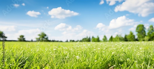 Spring Nature. Neatly Trimmed Lawn Surrounded by Trees against a Blue Sky with Clouds