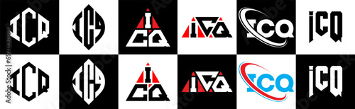 ICQ letter logo design in six style. ICQ polygon, circle, triangle, hexagon, flat and simple style with black and white color variation letter logo set in one artboard. ICQ minimalist and classic logo