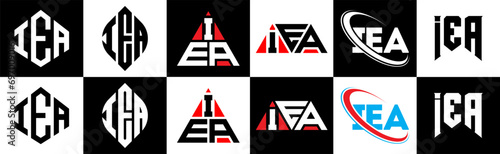 IEA letter logo design in six style. IEA polygon, circle, triangle, hexagon, flat and simple style with black and white color variation letter logo set in one artboard. IEA minimalist and classic logo photo