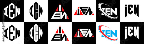 IEN letter logo design in six style. IEN polygon, circle, triangle, hexagon, flat and simple style with black and white color variation letter logo set in one artboard. IEN minimalist and classic logo