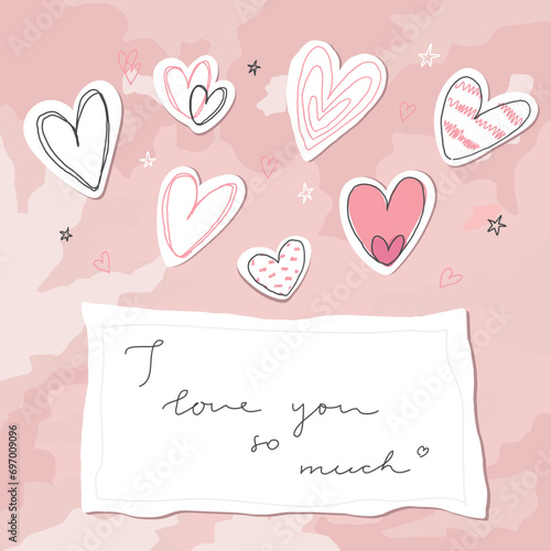 Valentines Day card with doodle paper hearts and love note on a textured background. Vector illustration