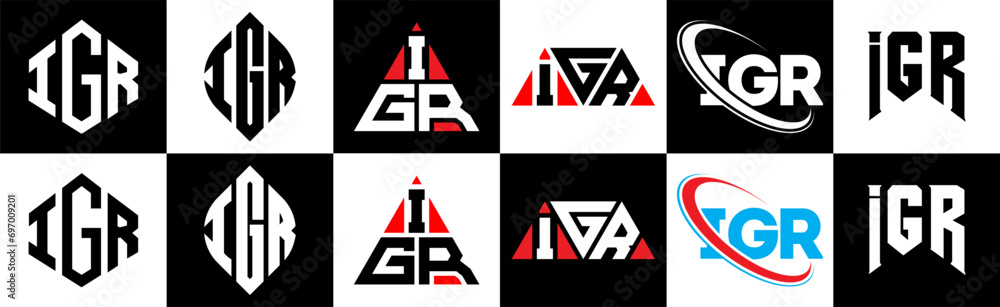 IGR letter logo design in six style. IGR polygon, circle, triangle, hexagon, flat and simple style with black and white color variation letter logo set in one artboard. IGR minimalist and classic logo IGR letter logo design in six style. IGR polygon, circle, triangle, hexagon, flat and simple style with black and white color variation letter logo set in one artboard. IGR minimalist and classic logo