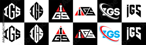 IGS letter logo design in six style. IGS polygon, circle, triangle, hexagon, flat and simple style with black and white color variation letter logo set in one artboard. IGS minimalist and classic logo