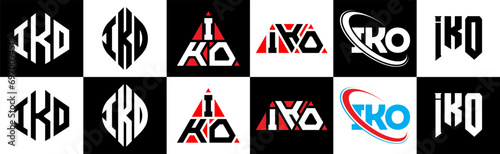 IKO letter logo design in six style. IKO polygon, circle, triangle, hexagon, flat and simple style with black and white color variation letter logo set in one artboard. IKO minimalist and classic logo