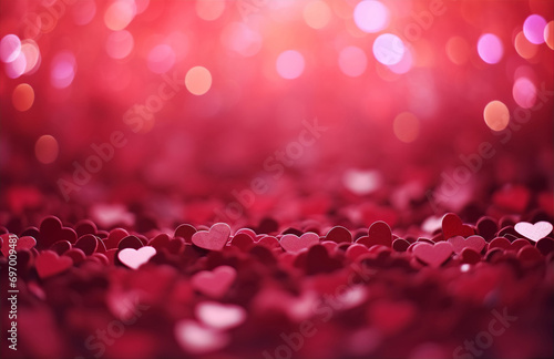 Closeup of red heart shape paper confetti on floor, ground. Valentines day holiday abstract blurred pink background. Bokeh lights. Glittering festive illuminated texture. Love, celebration concept.   photo