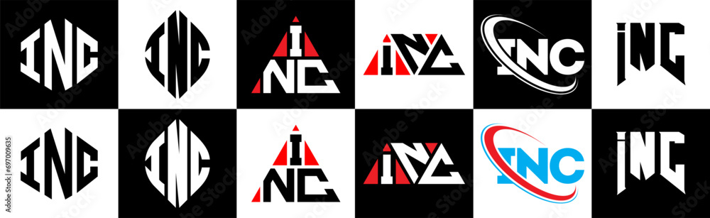 INC letter logo design in six style. INC polygon, circle, triangle, hexagon, flat and simple style with black and white color variation letter logo set in one artboard. INC minimalist and classic logo INC letter logo design in six style. INC polygon, circle, triangle, hexagon, flat and simple style with black and white color variation letter logo set in one artboard. INC minimalist and classic logo