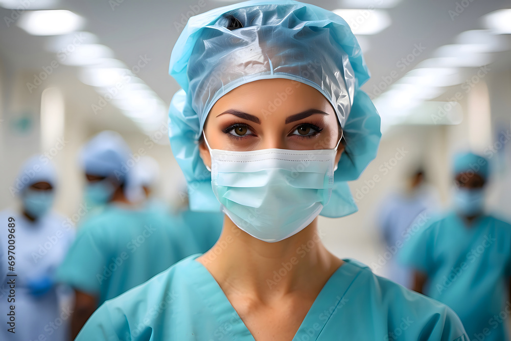 Portrait of a nurse wearing a surgical mask and a head cap in a hospital background, healthcare professional with copy space, generative AI Portrait of a nurse wearing a surgical mask and a head cap in a hospital background, healthcare professional with copy space, generative AI