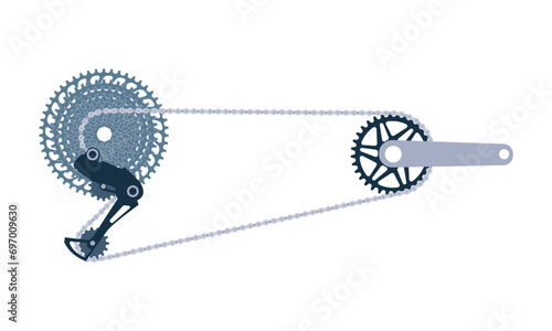 Bicycle crankset with speeds sprocket. Bike gear. Chainring, cranks, cassette, chain, rear derailleur. Flat vector illustration