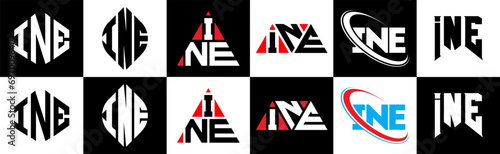 INE letter logo design in six style. INE polygon, circle, triangle, hexagon, flat and simple style with black and white color variation letter logo set in one artboard. INE minimalist and classic logo