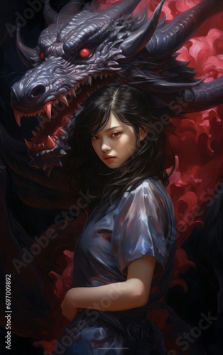 Beautiful asian girl with dragon, AI