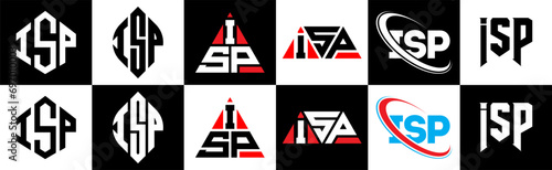 ISP letter logo design in six style. ISP polygon, circle, triangle, hexagon, flat and simple style with black and white color variation letter logo set in one artboard. ISP minimalist and classic logo