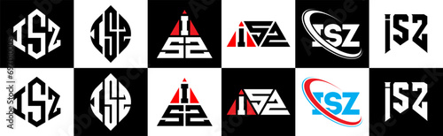 ISZ letter logo design in six style. ISZ polygon, circle, triangle, hexagon, flat and simple style with black and white color variation letter logo set in one artboard. ISZ minimalist and classic logo