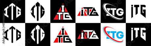 ITG letter logo design in six style. ITG polygon, circle, triangle, hexagon, flat and simple style with black and white color variation letter logo set in one artboard. ITG minimalist and classic logo