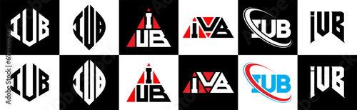 IUB letter logo design in six style. IUB polygon, circle, triangle, hexagon, flat and simple style with black and white color variation letter logo set in one artboard. IUB minimalist and classic logo