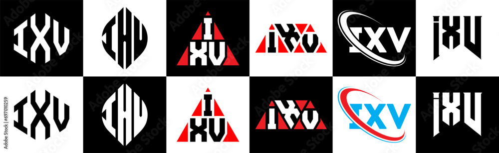 IXV letter logo design in six style. IXV polygon, circle, triangle, hexagon, flat and simple style with black and white color variation letter logo set in one artboard. IXV minimalist and classic logo IXV letter logo design in six style. IXV polygon, circle, triangle, hexagon, flat and simple style with black and white color variation letter logo set in one artboard. IXV minimalist and classic logo