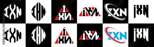 IXN letter logo design in six style. IXN polygon, circle, triangle, hexagon, flat and simple style with black and white color variation letter logo set in one artboard. IXN minimalist and classic logo photo