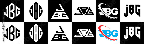 JBG letter logo design in six style. JBG polygon, circle, triangle, hexagon, flat and simple style with black and white color variation letter logo set in one artboard. JBG minimalist and classic logo