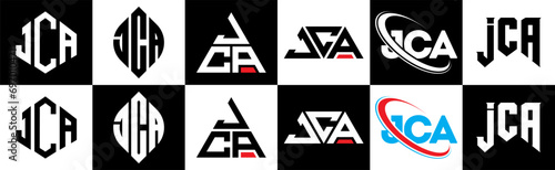 JCA letter logo design in six style. JCA polygon, circle, triangle, hexagon, flat and simple style with black and white color variation letter logo set in one artboard. JCA minimalist and classic logo