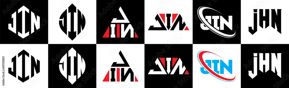 JIN letter logo design in six style. JIN polygon, circle, triangle, hexagon, flat and simple style with black and white color variation letter logo set in one artboard. JIN minimalist and classic logo JIN letter logo design in six style. JIN polygon, circle, triangle, hexagon, flat and simple style with black and white color variation letter logo set in one artboard. JIN minimalist and classic logo