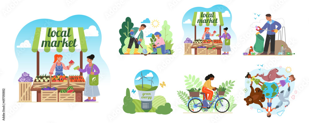 Green energy. Recycle life. Save nature and Earth environment. Bio and eco technology. Planting trees. Garbage sorting and collecting. Local market. Happy planet. People on bikes. Vector concepts set Green energy. Recycle life. Save nature and Earth environment. Bio and eco technology. Planting trees. Garbage sorting and collecting. Local market. Happy planet. People on bikes. Vector concepts set
