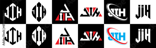 JIH letter logo design in six style. JIH polygon, circle, triangle, hexagon, flat and simple style with black and white color variation letter logo set in one artboard. JIH minimalist and classic logo