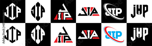 JIP letter logo design in six style. JIP polygon, circle, triangle, hexagon, flat and simple style with black and white color variation letter logo set in one artboard. JIP minimalist and classic logo