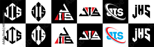 JIS letter logo design in six style. JIS polygon, circle, triangle, hexagon, flat and simple style with black and white color variation letter logo set in one artboard. JIS minimalist and classic logo