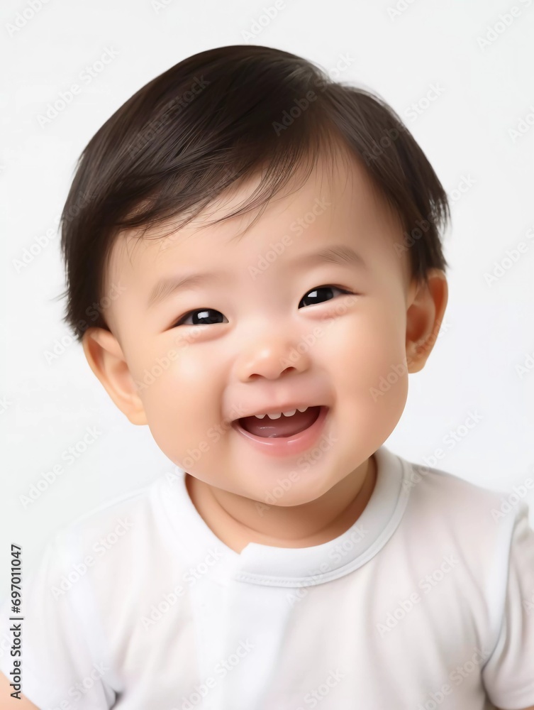 portrait of cute slanted eyed Japanese baby boy model, with smiling and laughing expression, 2 month old baby, studio photo, isolated white background, for advertising and web design portrait of cute slanted eyed Japanese baby boy model, with smiling and laughing expression, 2 month old baby, studio photo, isolated white background, for advertising and web design