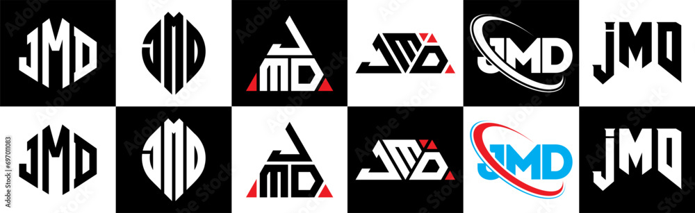 JMD letter logo design in six style. JMD polygon, circle, triangle, hexagon, flat and simple style with black and white color variation letter logo set in one artboard. JMD minimalist and classic logo